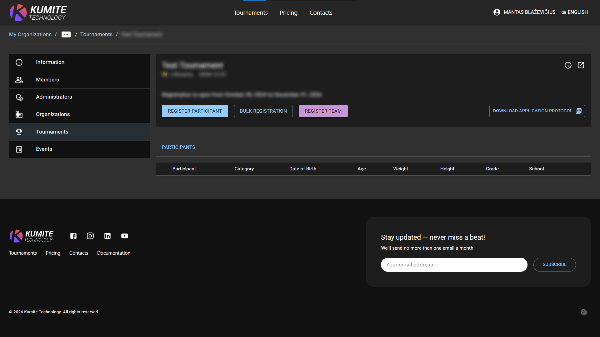 Select Tournament and Register Participant